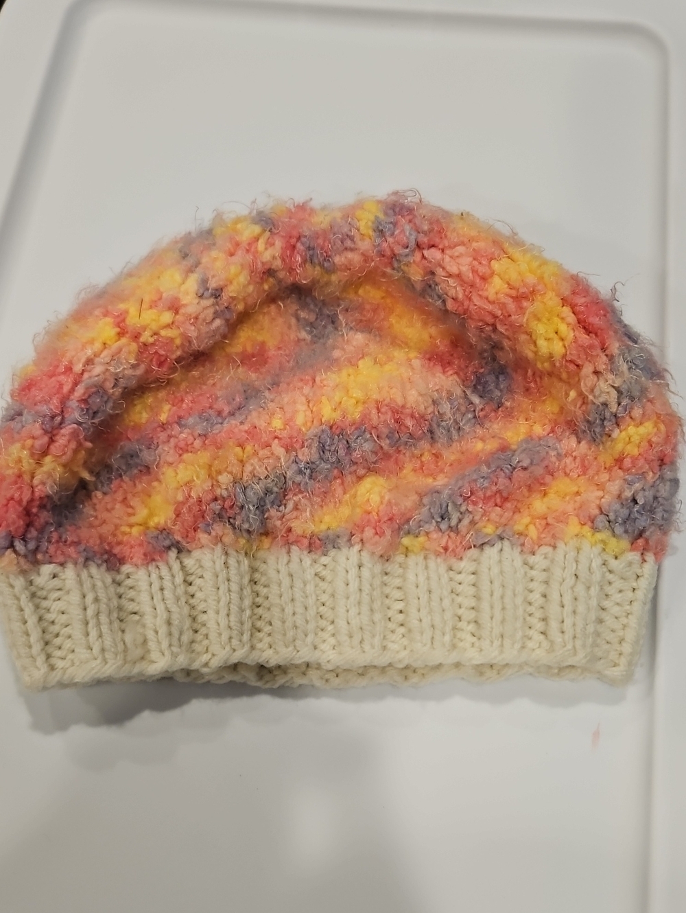 Knit Hat Hand Stitched Super Soft Pink Yellow Lavender White